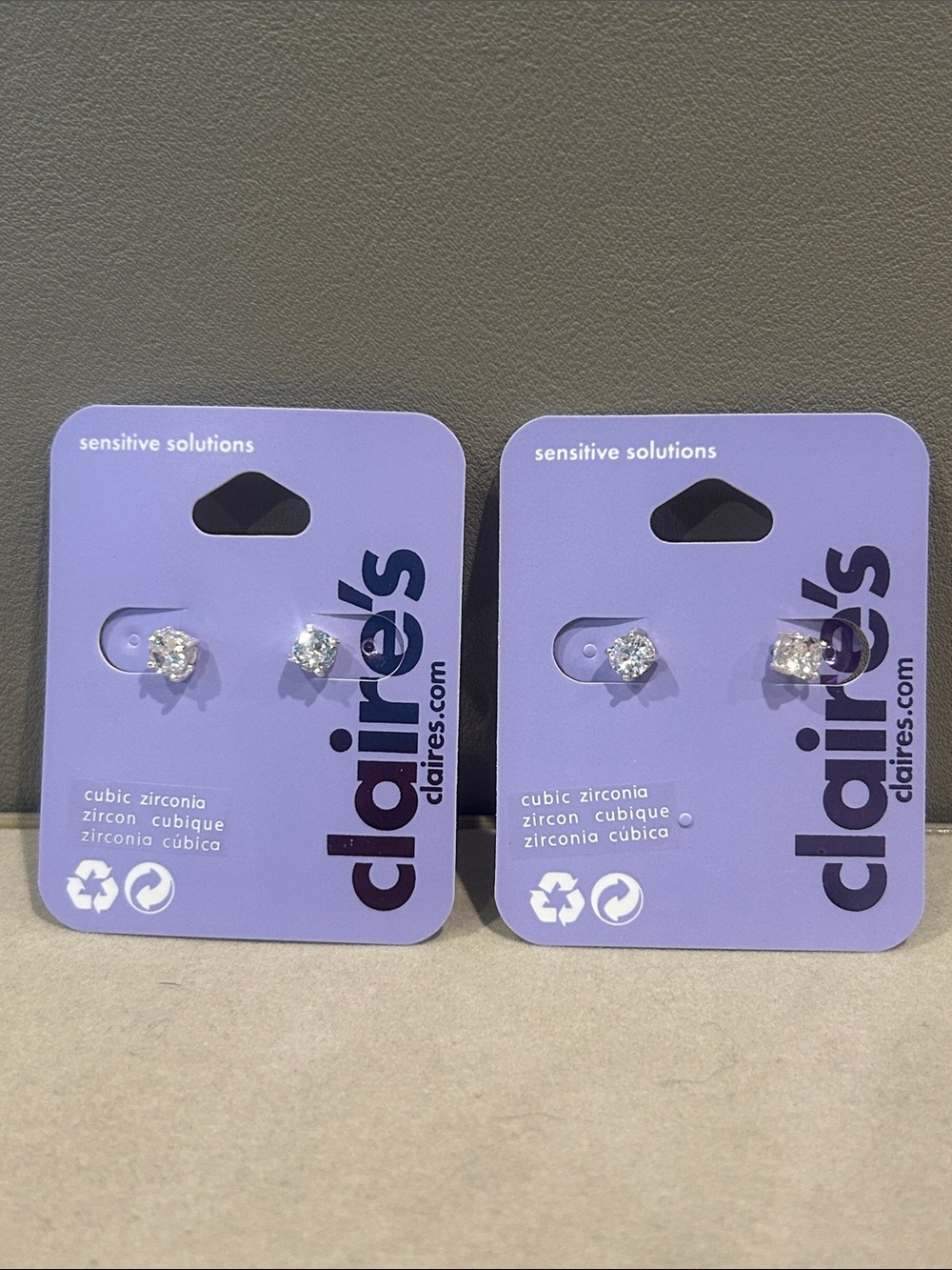 Claire's Clear Cubic Zirconia Stud Earrings on Lavender Card - Lot of 2